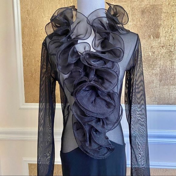 Costume MADE black ruffles mesh maxi dress S - Picture 1 of 4